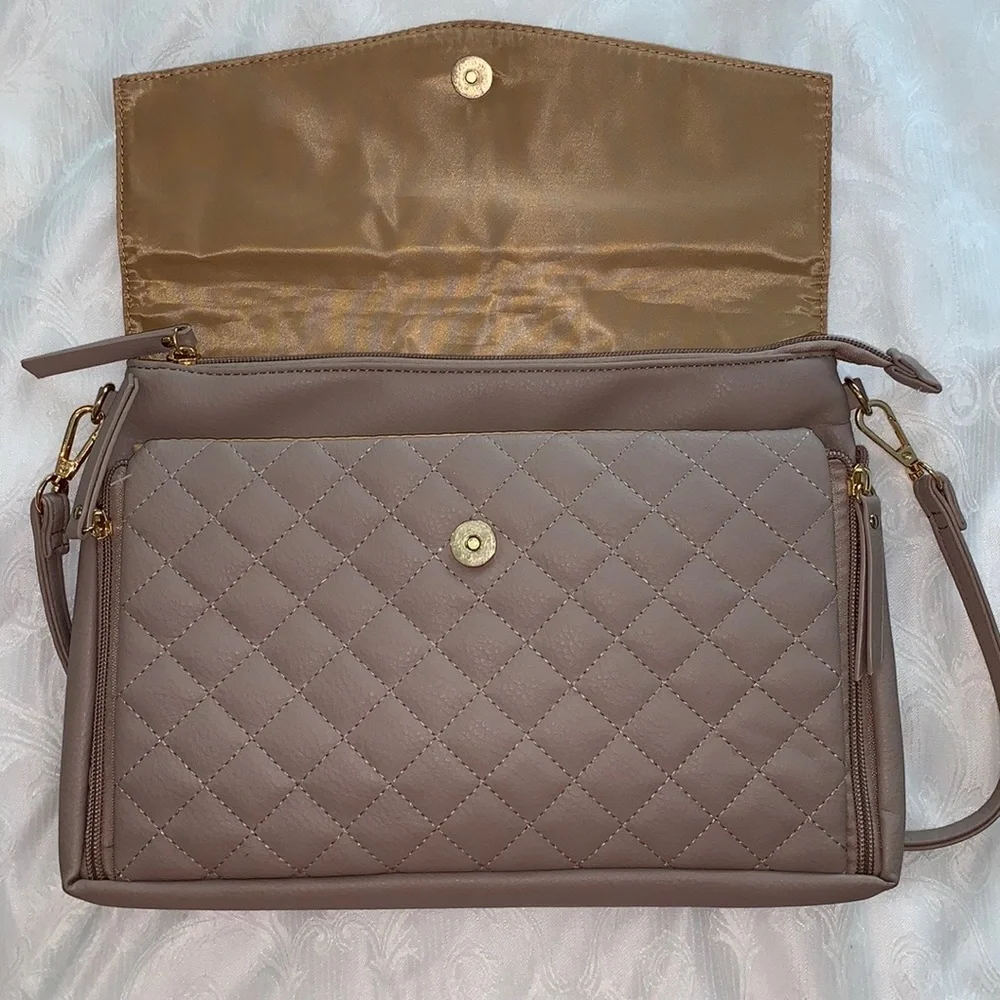 Crossbody purse with both baby changing pad & place for baby wipes, in Taupe/tan